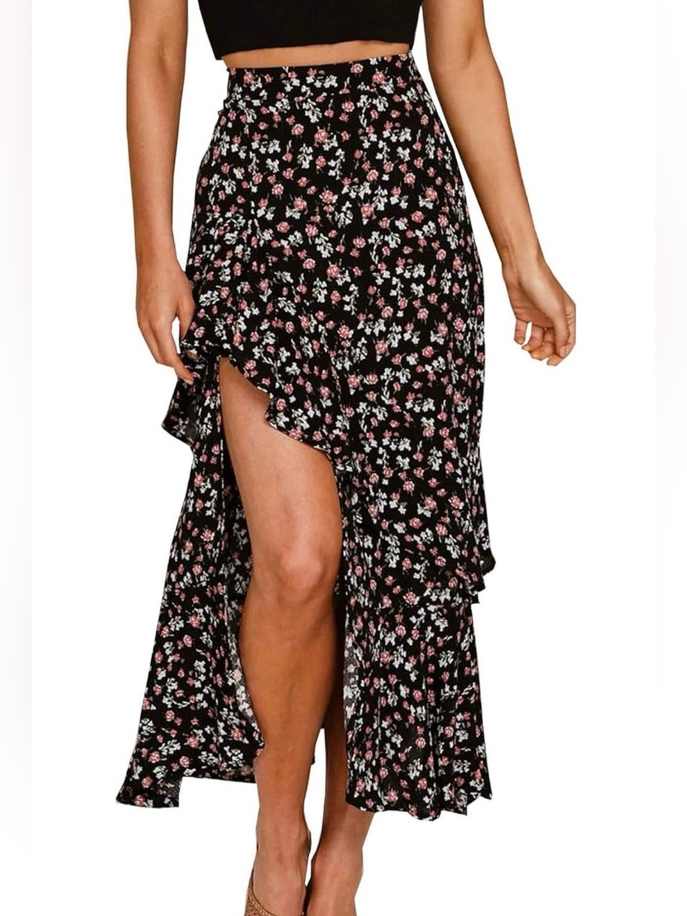 NWT Black Floral High Low Maxi Skirt Size Small